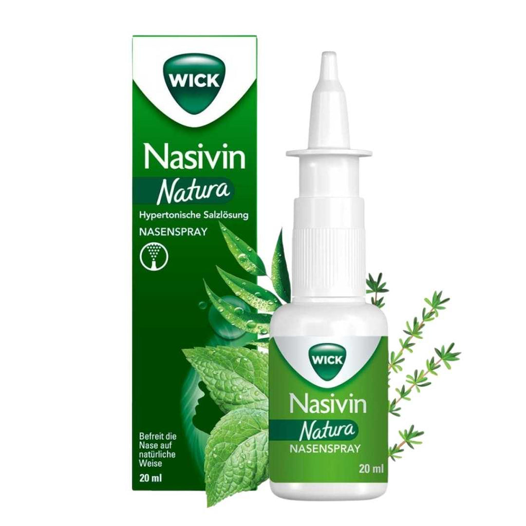 Nasivin Natura nasal spray bottle and packaging with WICK logo on a white background
