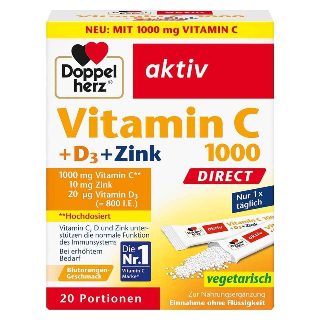 Doppelherz Vitamin C + D3 + Zink supplement packaging on a white background