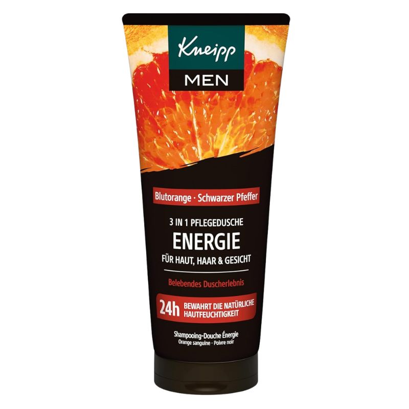 A squeeze tube of Kneipp Men hair and face care product, featuring a dark brown and black label with a vibrant orange citrus slice graphic at the top, on a plain white background.