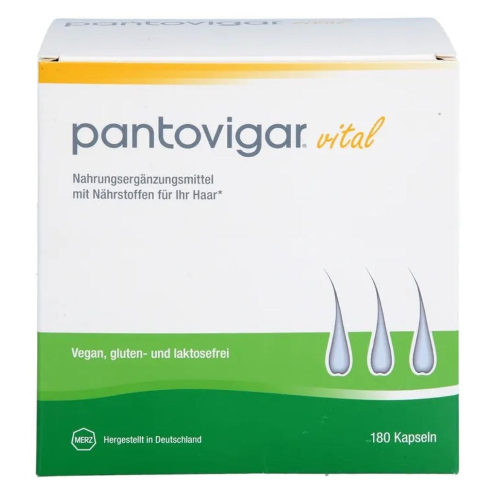 Box of pantovigar vital with text and droplet graphics on a white background