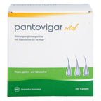 Box of pantovigar vital with text and droplet graphics on a white background