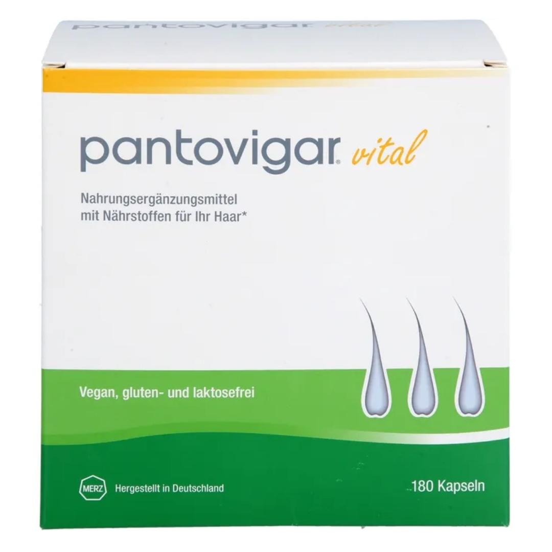 Box of pantovigar vital with text and droplet graphics on a white background