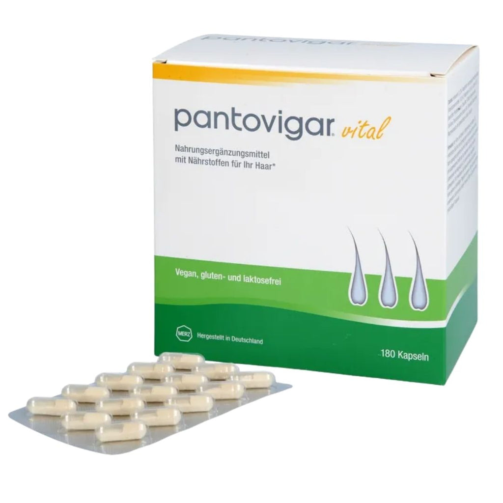 Box of Pantovigar vital with capsules on a white background