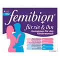 Femibion 'für sie & ihn' box packaging, featuring a purple background with white script branding, pink and blue silhouettes of a couple, and German text detailing reproductive health support.