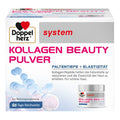 Front-facing retail box for Doppel herz system Kollagen Beauty Pulver, with German text, pink and blue typography, a small jar illustration on the front, and a white background.
