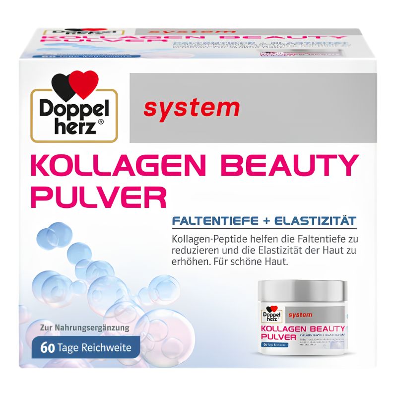 Front-facing retail box for Doppel herz system Kollagen Beauty Pulver, with German text, pink and blue typography, a small jar illustration on the front, and a white background.