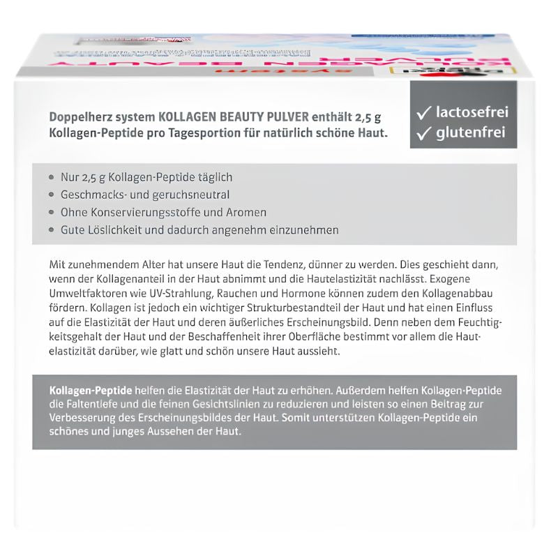 A white box of Doppelherz system Kollagen Beauty Puler with German text, featuring a gray information panel and a small colorful illustration of a face and hair on the top right.