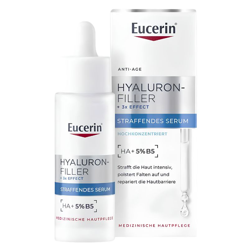 Eucerin Hyaluron-Filler + 3X Effect anti-age serum shown as a white dropper bottle next to its white packaging box with blue and silver accents.