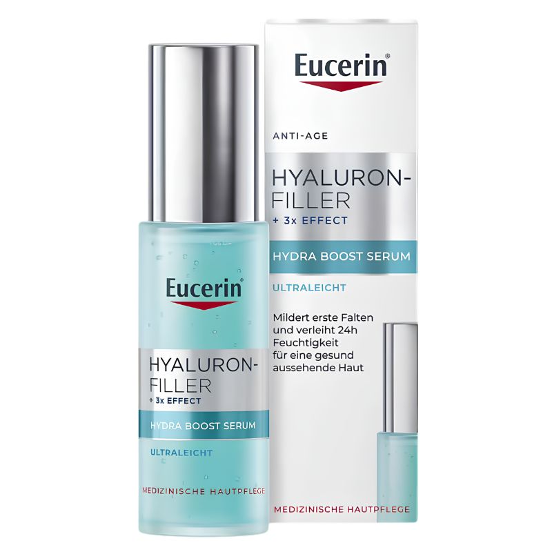 Eucerin Hyaluron-Filler + 3x Effect Hydra Boost Serum bottle with a silver cap next to its white and silver retail box on a white background.