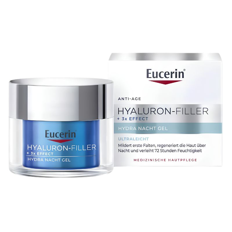 Eucerin Hyaluron-Filler + 3x Effect anti-age cream jar with a silver lid and blue label, shown next to its white and silver product box on a white background.