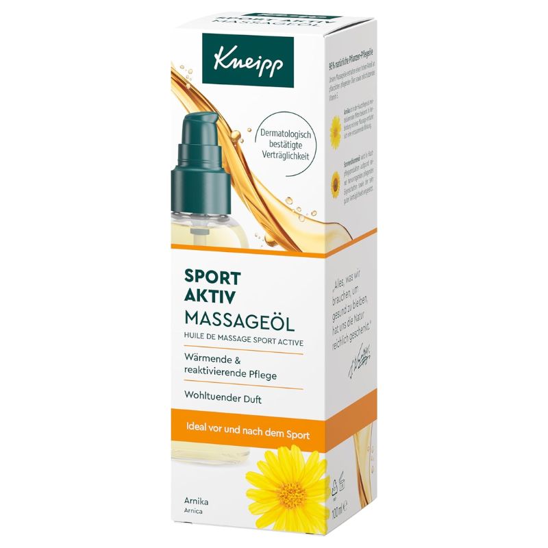 Kneipp Sport Aktiv Massageöl in a white box with orange and green accents, featuring a pump bottle graphic and a yellow flower on the front, set against a plain white background.