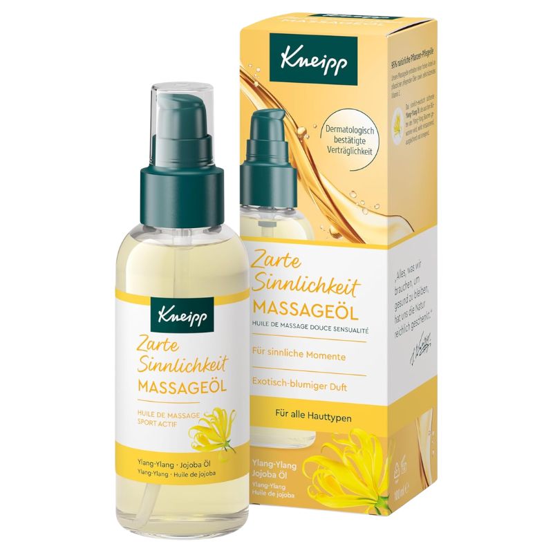 Kneipp Zarte Sinnlichkeit Massageöl bottle with a dark green pump and clear cap, shown next to its yellow and white retail box on a white background.
