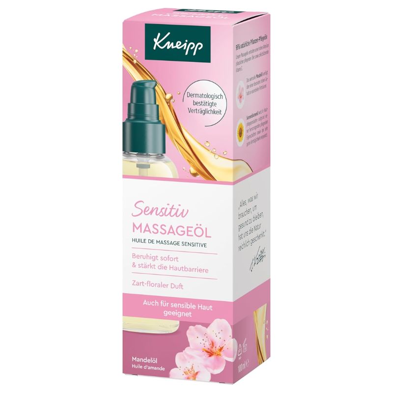 Kneipp Sensitiv Massageöel in a pink and white box with a pump bottle graphic, featuring a pink cherry blossom flower illustration and German text.