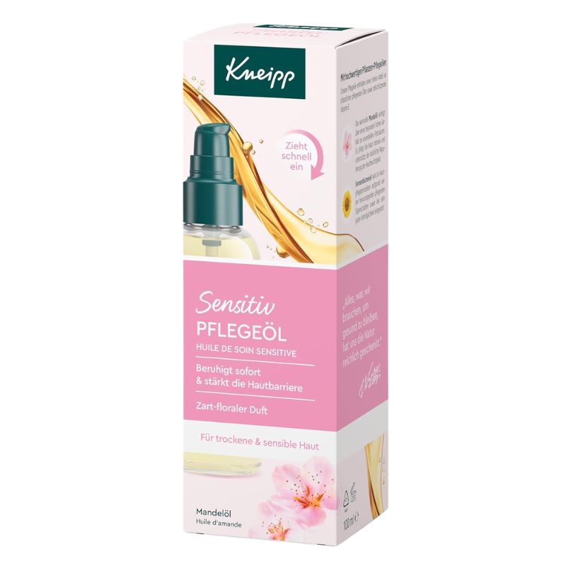 Kneipp Sensitiv Pflegeöl sensitive skin oil in a pink and white box with a green pump bottle graphic, shown on a plain white background.