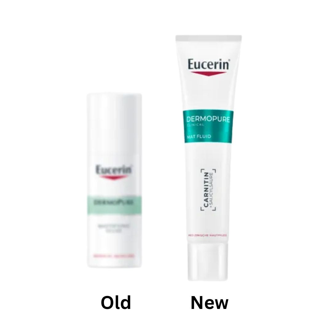 Two Eucerin skincare products labeled 'Old' and 'New' on a white background
