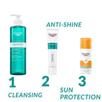 Eucerin skincare products for cleansing, anti-shine, and sun protection on a white background.