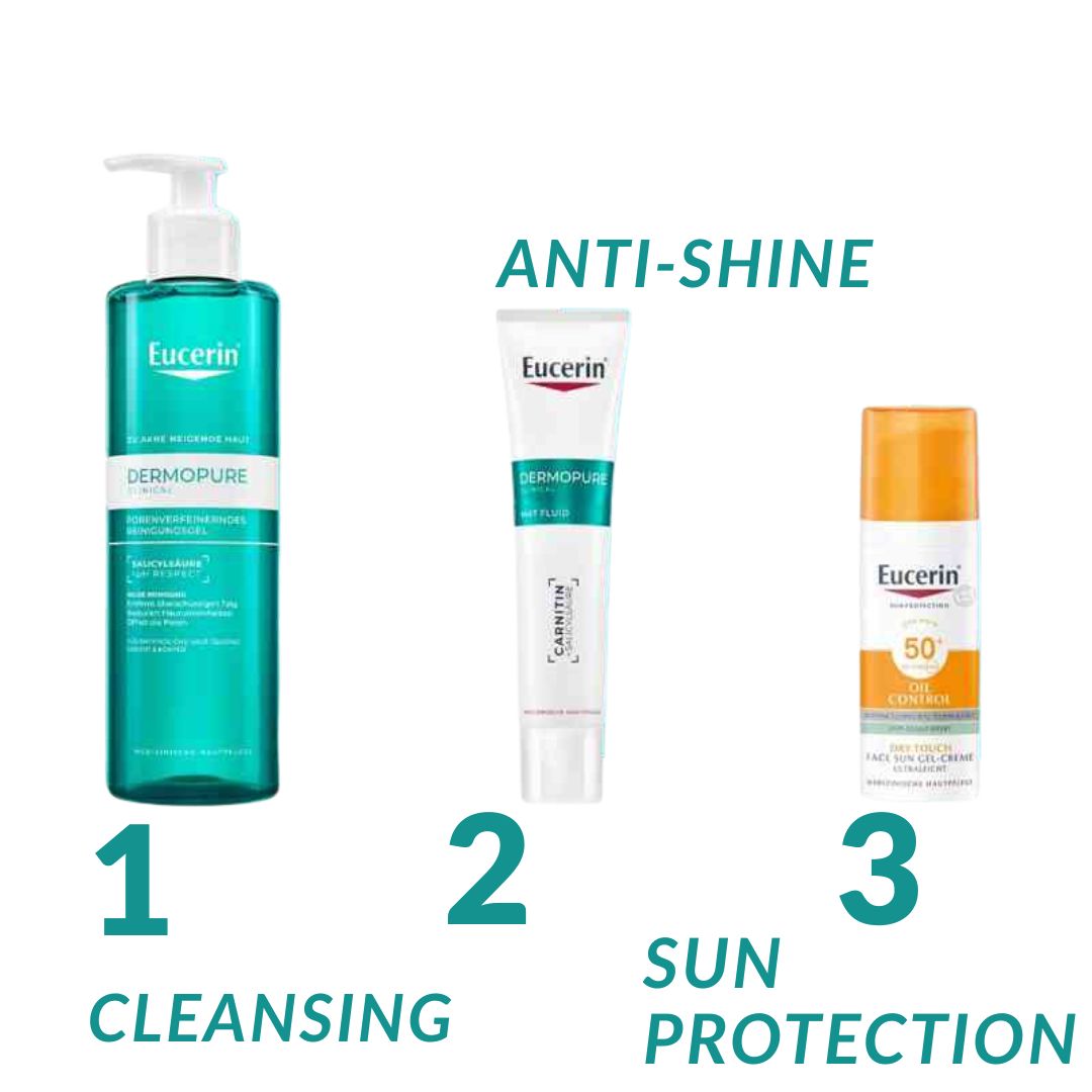 Eucerin skincare products for cleansing, anti-shine, and sun protection on a white background.