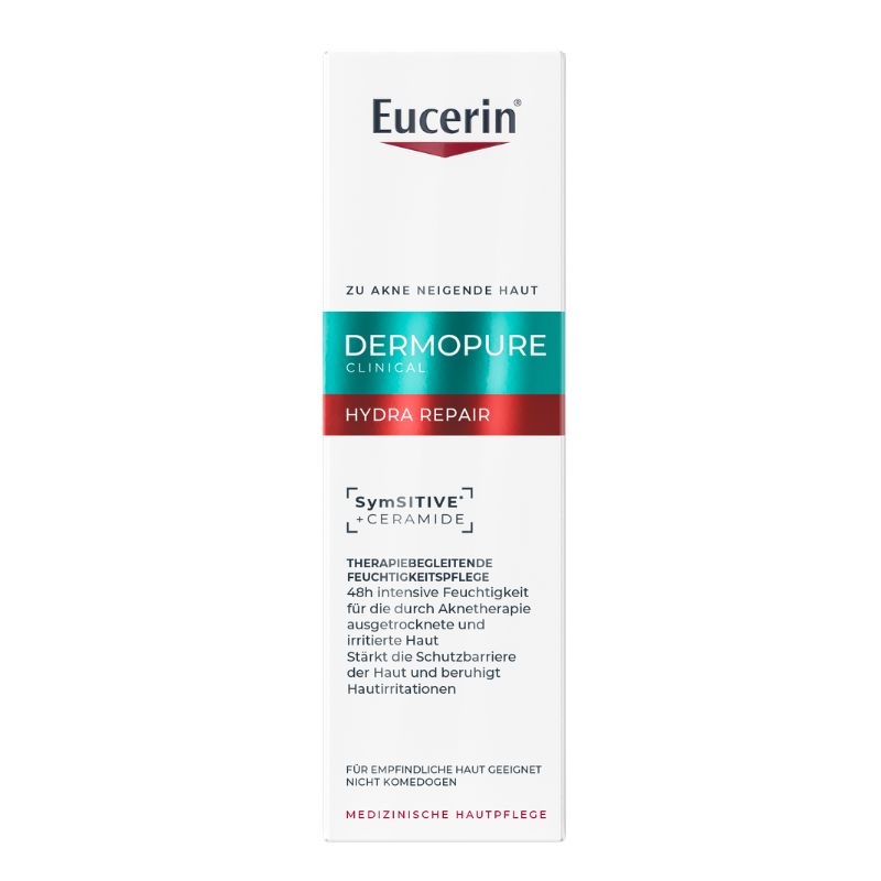 A tall white rectangular box of Eucerin Dermopure Clinique Hydra Repair skincare cream, featuring teal and red text bands on a clean white background.