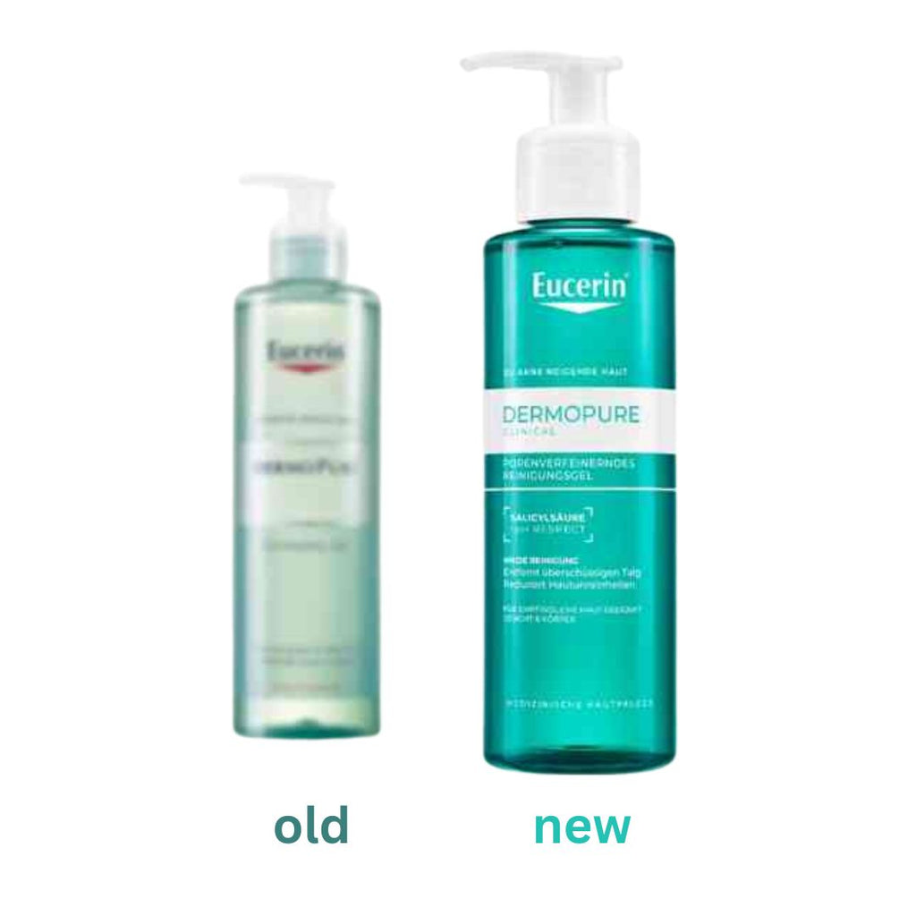 Two Eucerin bottles, one labeled 'old' and one labeled 'new', on a white background.