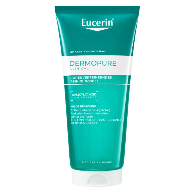 A tube of Eucerin Dermopure Clinical pore-refining gel, featuring a teal and white design with German text, set against a plain white background.