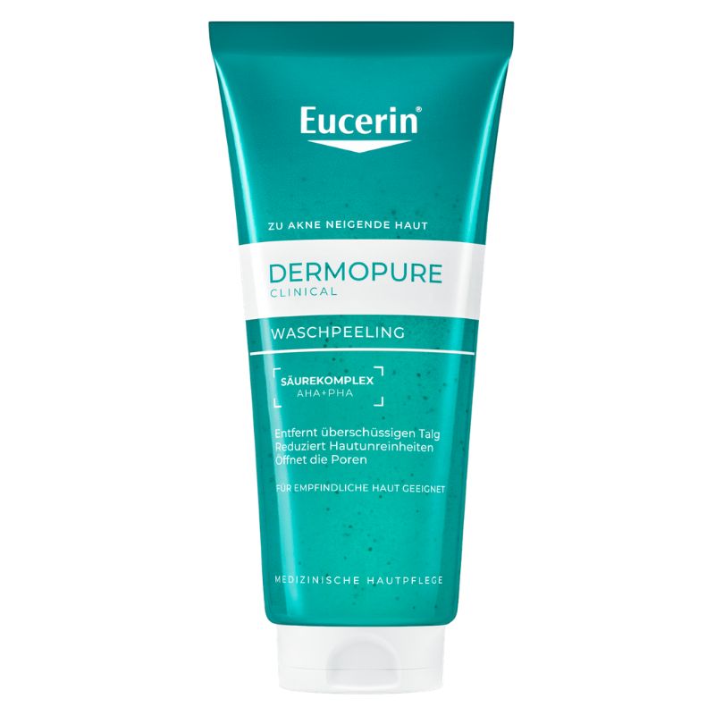 A squeeze tube of Eucerin Dermopure Clinical Washpeeling facial cleanser, featuring a teal and white design with German text, set against a plain white background.