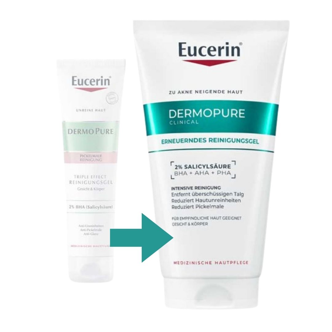 Two Eucerin Dermopure skincare products on a white background, from old design to new design