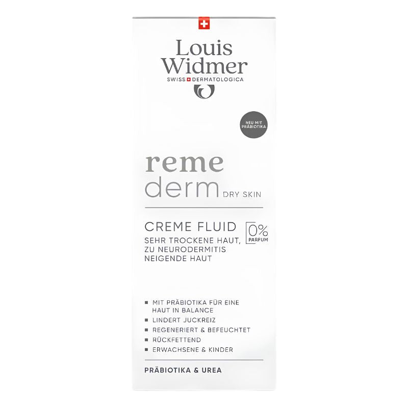 A tall, narrow white box of Louis Widmer Reme Derm Dry Skin Creme Fluid, featuring black text and a small red Swiss cross logo at the top, on a plain white background.