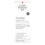 A tall, narrow white box of Louis Widmer Reme Derm Dry Skin Creme Fluid, featuring black text and a small red Swiss cross logo at the top, on a plain white background.