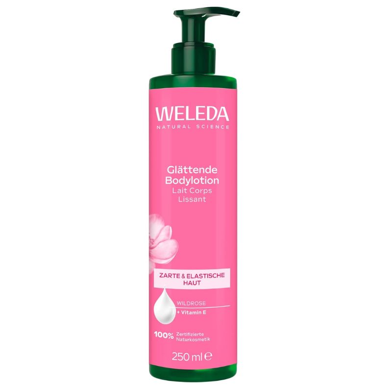 A 250 ml pump bottle of Weleda Glattende Body lotion, featuring a vibrant pink label with white text and a dark green pump dispenser, set against a plain white background.