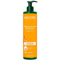 A 250 ml bottle of Weleda Regenerierende Body lotion on a plain white background. The bottle is bright orange with a dark green pump dispenser and green accents at the top and bottom.