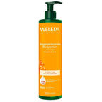 A 250 ml bottle of Weleda Regenerierende Body lotion on a plain white background. The bottle is bright orange with a dark green pump dispenser and green accents at the top and bottom.