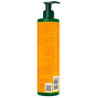 A tall pump bottle shown from the back, featuring a bright orange label with dense text, a dark green pump dispenser, and a barcode near the bottom, isolated on a white background.