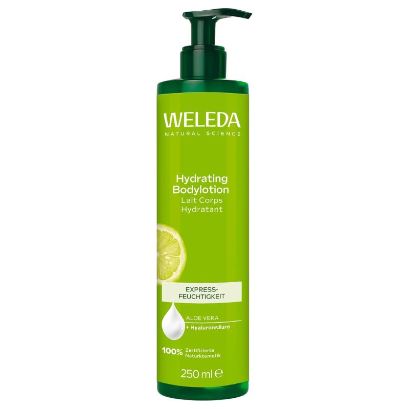 A 250 ml pump bottle of Weleda Hydrating Body lotion with a bright green label and dark green pump, shown on a plain white background.