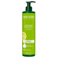 A 250 ml pump bottle of Weleda Hydrating Body lotion with a bright green label and dark green pump, shown on a plain white background.