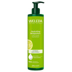 A 250 ml pump bottle of Weleda Hydrating Body lotion with a bright green label and dark green pump, shown on a plain white background.
