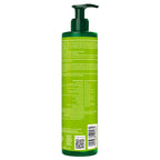 A green pump bottle of hair care product, shown from the back with white text and a barcode on a plain white background.