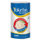 A cylindrical canister of Yokebe Forte protein powder, featuring a blue and white label with yellow and red accents, on a plain white background.