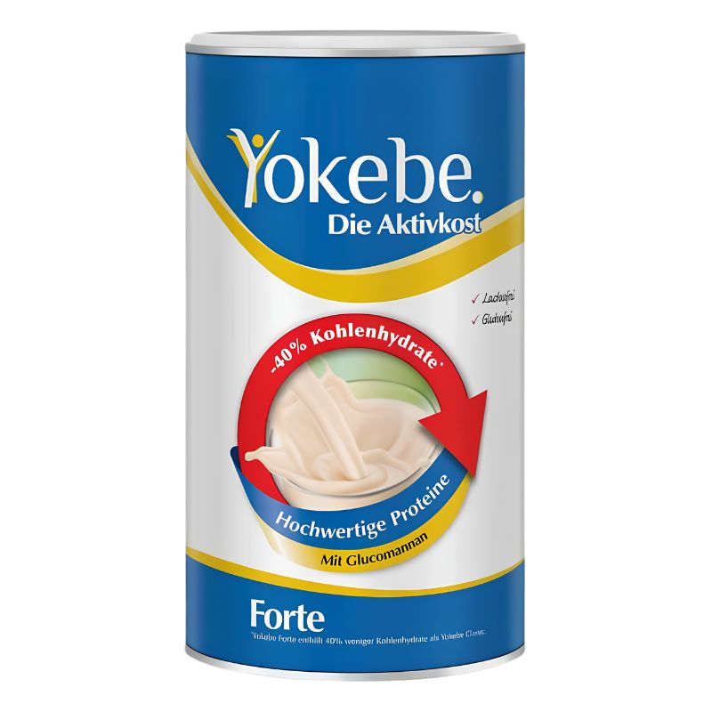 A cylindrical canister of Yokebe Forte protein powder, featuring a blue and white label with yellow and red accents, on a plain white background.