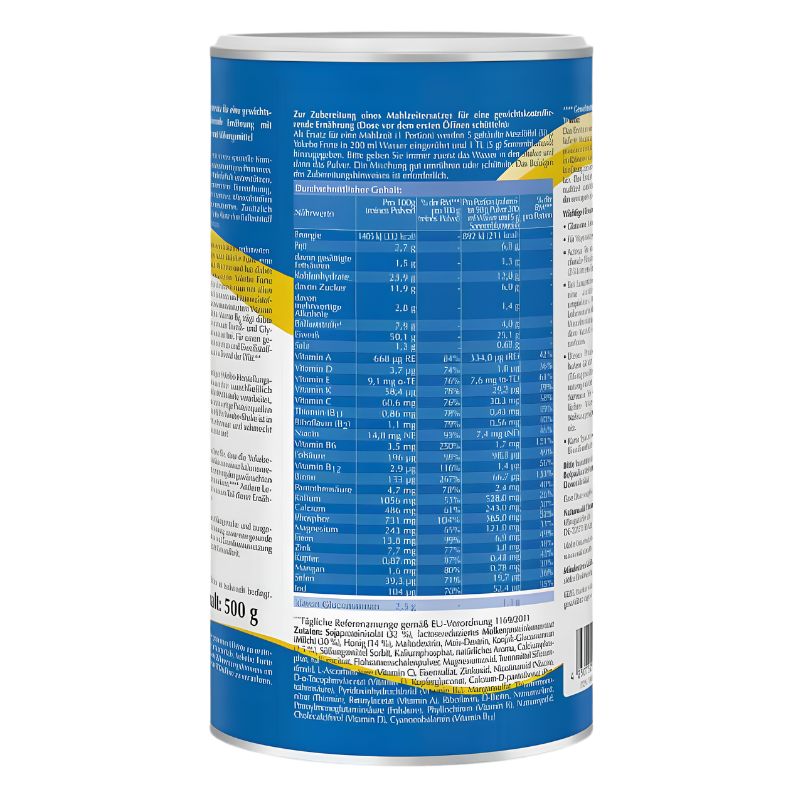 A cylindrical canister of protein powder shown from the back, featuring a blue label with yellow accents and a detailed German nutrition facts table.