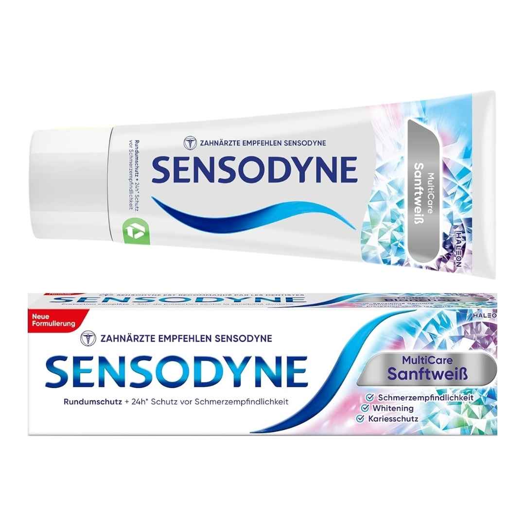 Two Sensodyne toothpaste tubes on a white background