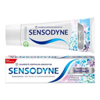 Two Sensodyne toothpaste tubes on a white background