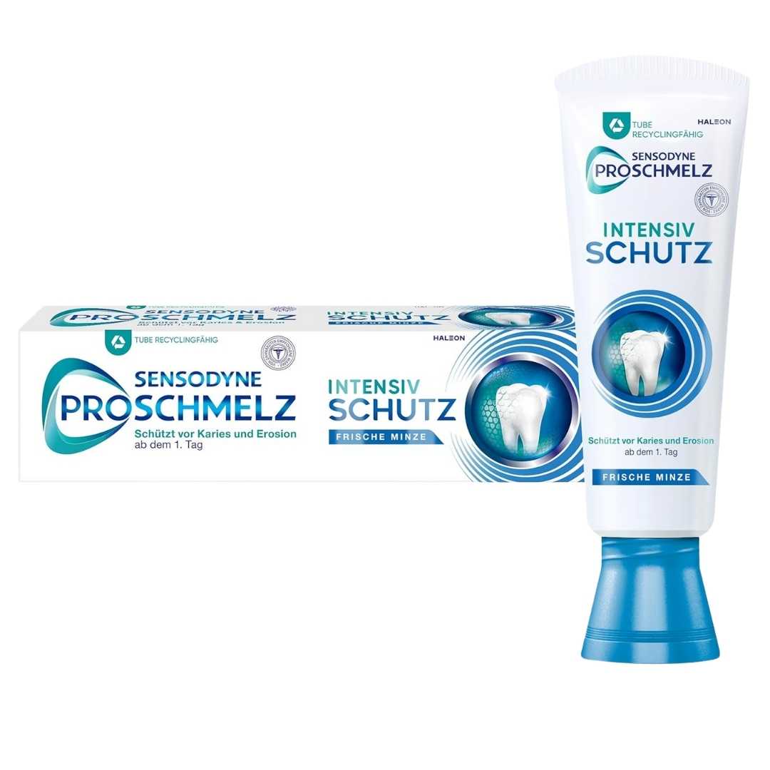 Sensodyne Proschmelz toothpaste packaging on a white background