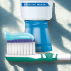 Blue and white toothbrush with a container labeled 'Frische Minze' on a textured surface.