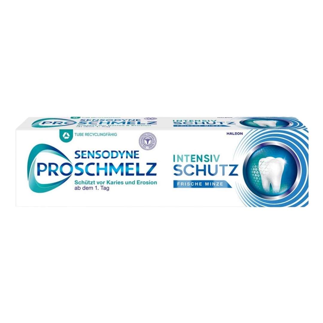 Sensodyne Proschmelz toothpaste tube on a white background