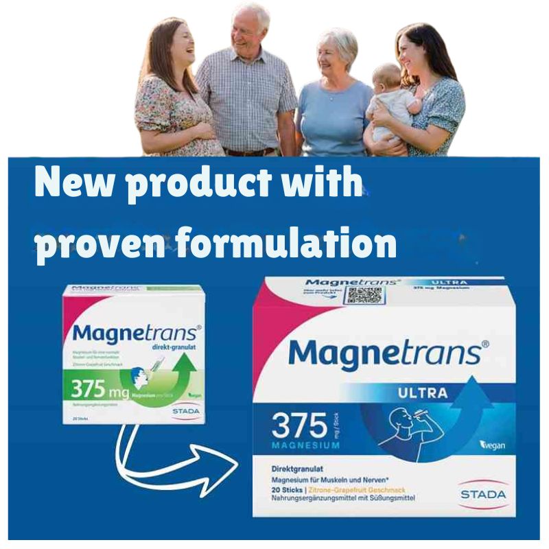 Promotional graphic for Magnetrans dietary supplement showing two product boxes on a blue background with a group of people standing above. The text reads 'New product with proven formulation.