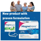 Promotional graphic for Magnetrans dietary supplement showing two product boxes on a blue background with a group of people standing above. The text reads 'New product with proven formulation.