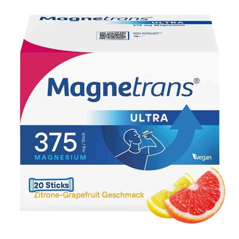 A box of Magnetrans Ultra 375 Magnesium vegan sticks, grapefruit flavor, containing 20 sticks. The packaging is white with blue and pink accents, featuring a blue arrow graphic and a grapefruit slice illustration.