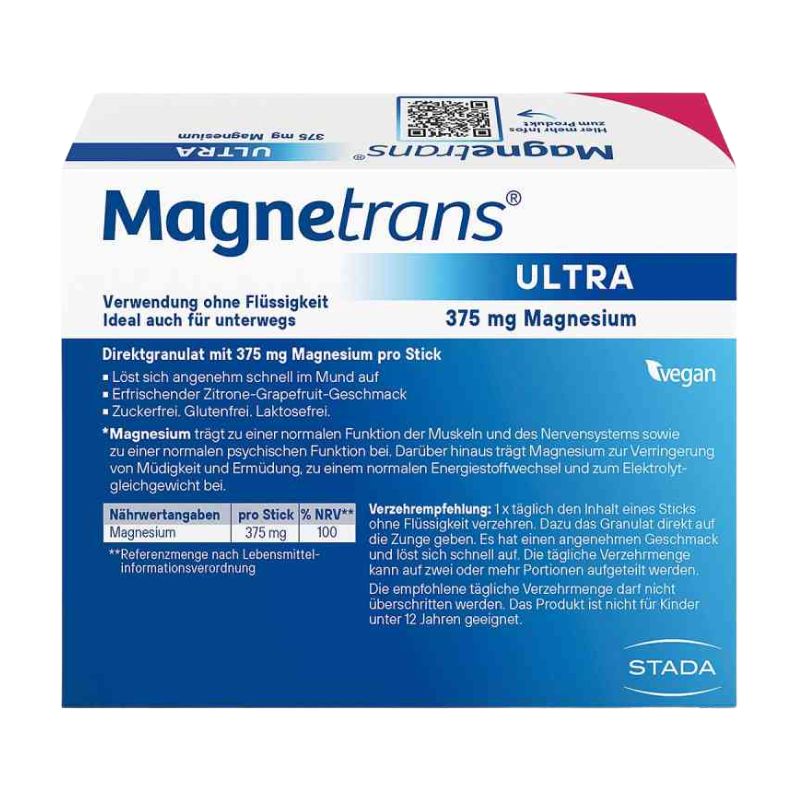 A box of Magnetrans Ultra dietary supplement containing 375 mg Magnesium, featuring a blue and white design with German text and a vegan badge.
