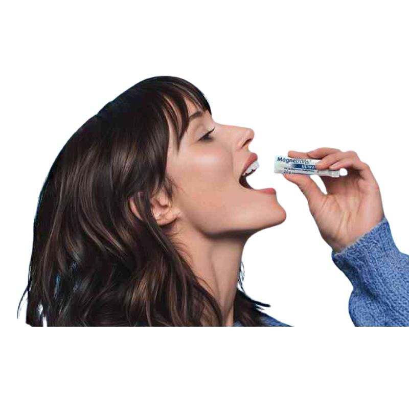 A woman with dark brown hair is shown in profile with her mouth to consume the magnesium directly