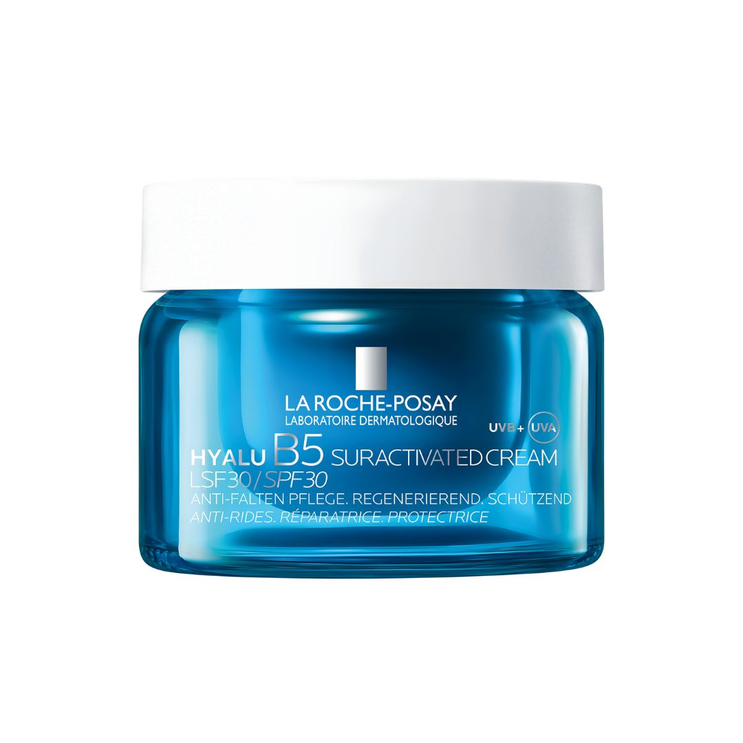 Blue jar of La Roche-Posay Hyalu B5 cream on a white background